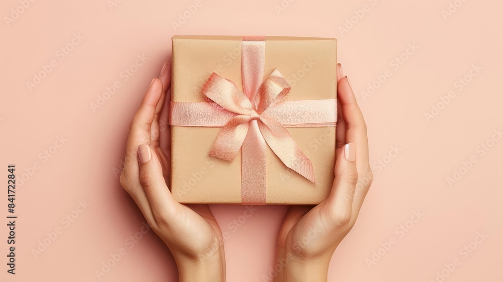 female hands holding kraft gift box with ribbon on soft peach background parcel mockup female hands holding kraft gift box with ribbon on soft peach background parcel mockup