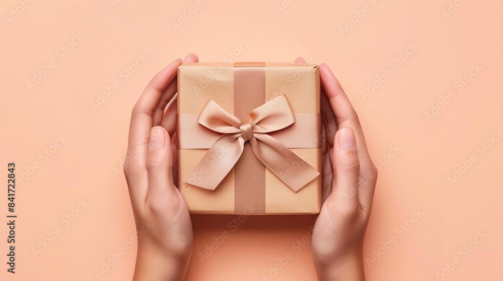 female hands holding kraft gift box with ribbon on soft peach background parcel mockup female hands holding kraft gift box with ribbon on soft peach background parcel mockup