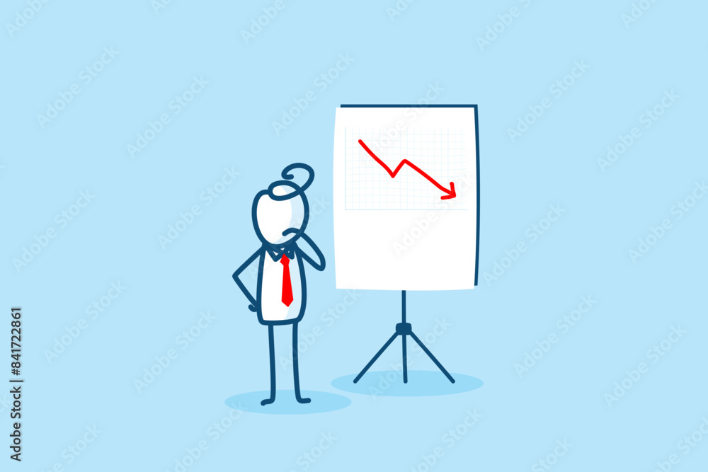 businessman stick figure character looking bad result presentation chart with red crisis arrow down. failed diagram, bankruptcy, decrease financial problem. hand drawn style doodle illustration businessman stick figure character looking bad result presentation chart with red crisis arrow down. failed diagram, bankruptcy, decrease financial problem. hand drawn style doodle illustration