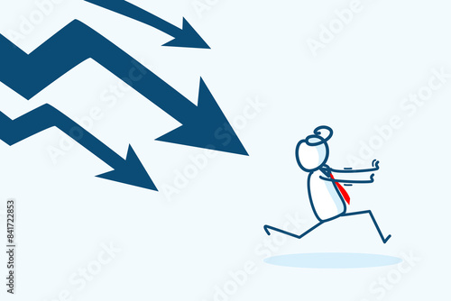 businessman stick figure character run away from falling decrease down arrow chart. business finance failure crisis, economy recession, bankrupt concept. hand drawn style vector doodle illustration