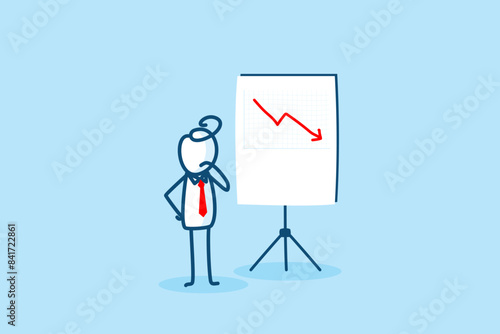 businessman stick figure character looking bad result presentation chart with red crisis arrow down. failed diagram, bankruptcy, decrease financial problem. hand drawn style doodle illustration