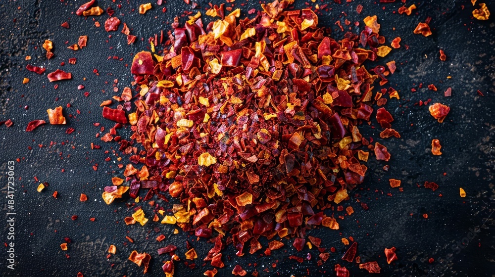 fiery flavor explosion spicy red chili flakes pile chopped dry paprika top view fiery flavor explosion spicy red chili flakes pile chopped dry paprika top view