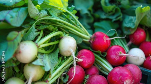 Crisp radishes in shades of green and red