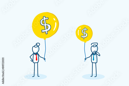 two businessman stick figure character holding coin as balloon. different income salary variation, pay gap concept. hand drawn style vector doodle illustration