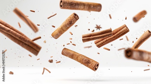 flying cinnamon sticks isolated on white background levitation food photography photo