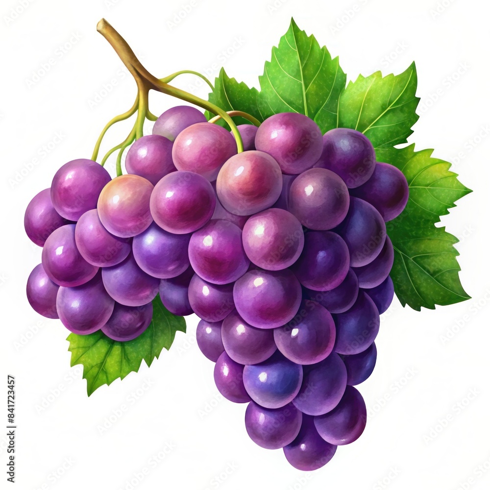 A bunch of purple grapes with green stems, on a white background A bunch of purple grapes with green stems, on a white background