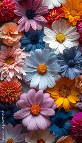 A vibrant assortment of colorful daisy flowers in full bloom, showcasing a variety of hues and close-up details.