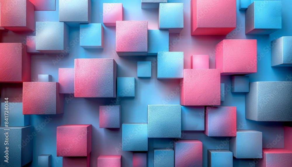 Modern abstract composition featuring an array of colorful 3D cubes in pink and blue hues, creating a visually striking and dynamic pattern. Modern abstract composition featuring an array of colorful 3D cubes in pink and blue hues, creating a visually striking and dynamic pattern.