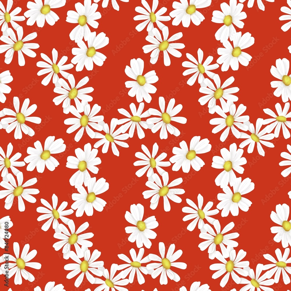 Seamless floral pattern. White chamomile on a red background drawn by hand. Fashion pattern. Seamless floral pattern. White chamomile on a red background drawn by hand. Fashion pattern.