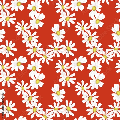 Seamless floral pattern. White chamomile on a red background drawn by hand. Fashion pattern.