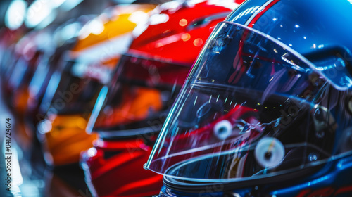 Close-up view of colorful racing helmets arranged in a row  highlighting their vibrant designs and protective features.