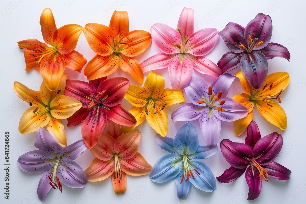 Colorful arrangement of various vibrant lilies on a white background. Perfect for floral designs, backgrounds, and nature-themed projects. Colorful arrangement of various vibrant lilies on a white background. Perfect for floral designs, backgrounds, and nature-themed projects.