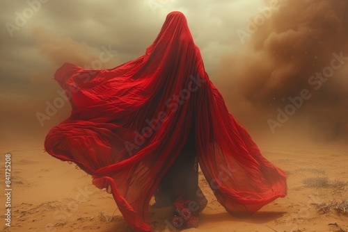 Dramatic Scene of a Woman in a Flowing Red Cloak Amidst a Sandstorm in the Desert: Ideal for Themes of Adventure, Mystery, and Epic Journeys