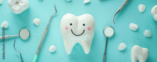 Smiling tooth model is surrounded by dental instruments, promoting oral health and hygiene photo
