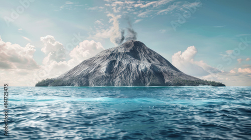 An active volcano erupting in the middle of the ocean  surrounded by clouds and emitting smoke  showcasing nature s power.