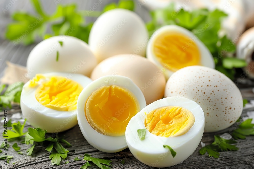 Elegant simplicity boiled eggs resting gracefully on a charming rustic wooden table Elegant simplicity boiled eggs resting gracefully on a charming rustic wooden table