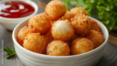Close-up of crispy potato bites with ketchup on rustic wooden table