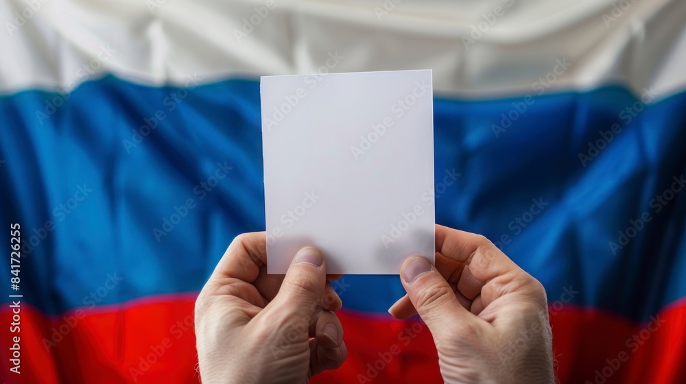 person holding a white voting paper with the flag of russia in the background person holding a white voting paper with the flag of russia in the background