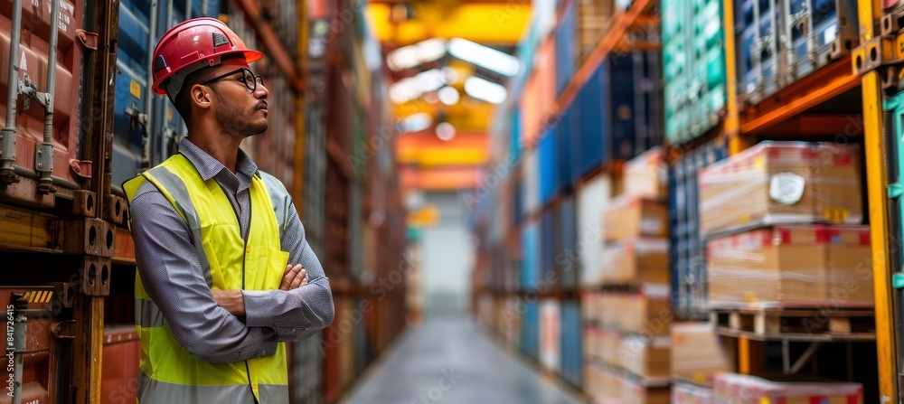 Worker in high visibility vest standing at the bustling and active cargo port area Worker in high visibility vest standing at the bustling and active cargo port area