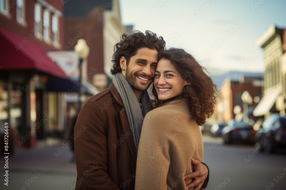 Portrait of a happy couple in their 30s wearing a chic cardigan isolated on charming small town main street Portrait of a happy couple in their 30s wearing a chic cardigan isolated on charming small town main street
