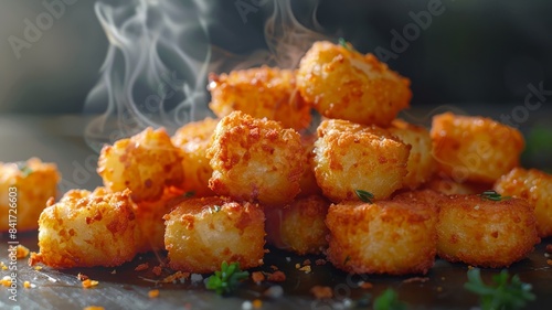 Steaming hot golden fried potato balls piled on a wooden board photo