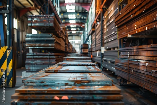 In an storage facility of an industrial steel the commercial sector, thick rolls of steel sheets organically corrode over time ready for shipment and space, Generative AI.