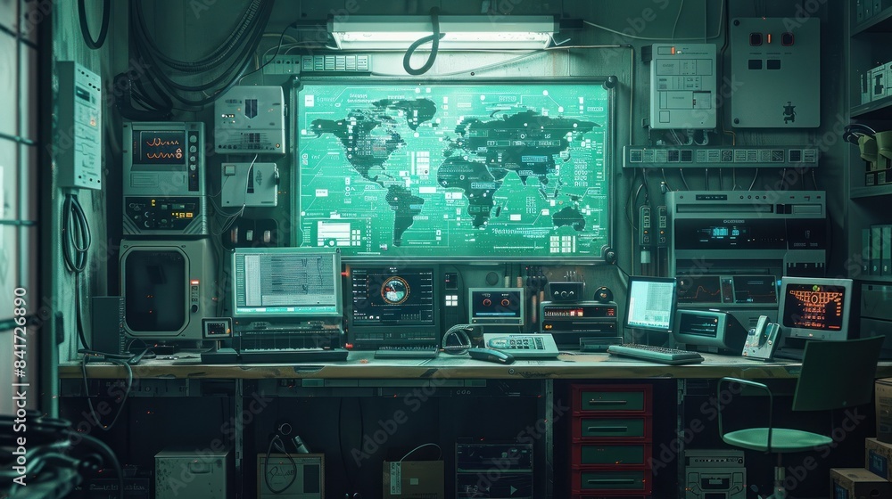 High-tech command center with world map High-tech command center with world map