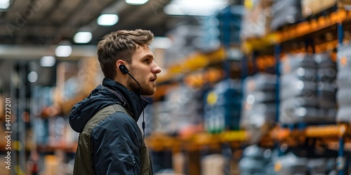 Warehouse logistics professional coordinating operations with walkie talkie in busy environment. Concept Warehouse Operations, Logistics Coordination, Walkie Talkie Communication, Busy Environment