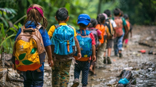 A line of children, wearing colorful backpacks, walks through a green jungle. Back to school