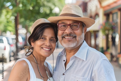 Portrait of a happy indian couple in their 50s donning a classic fedora isolated in charming small town main street