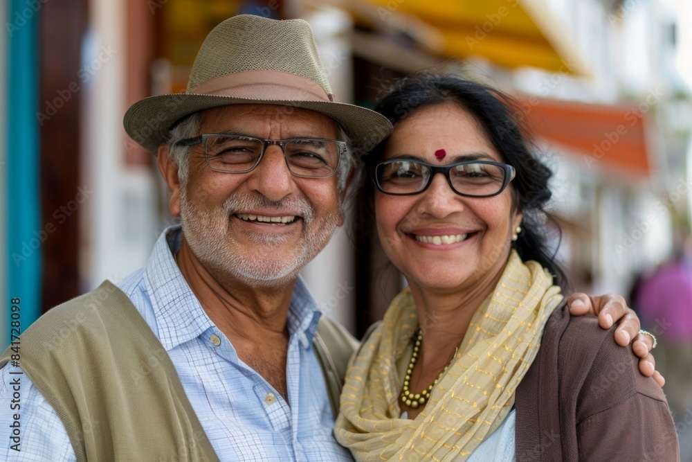 Portrait of a happy indian couple in their 50s donning a classic fedora over charming small town main street Portrait of a happy indian couple in their 50s donning a classic fedora over charming small town main street