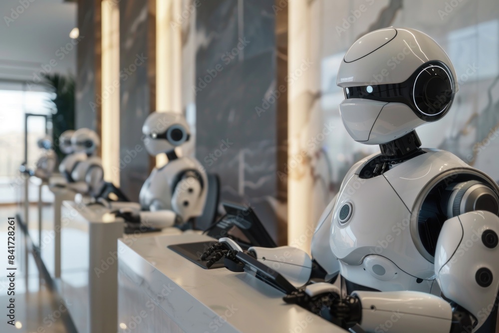 A line of humanoid robots with smooth, white and black casings standing in a modern interior, focusing forward.