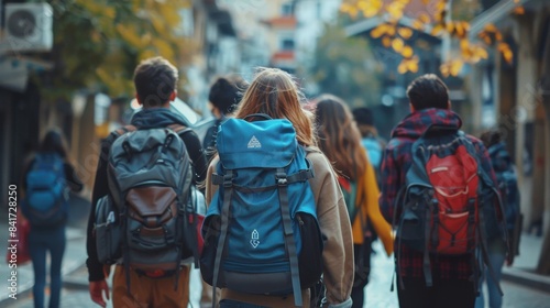 A group of young people walk along a city street, their backpacks hinting at a journey ahead. Back to school