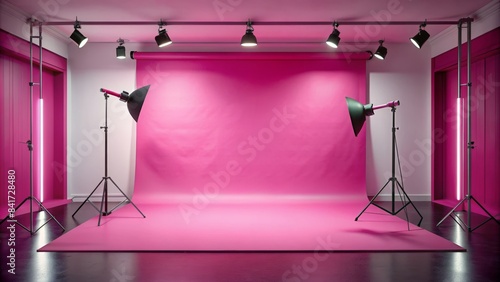 Vibrant pink background perfectly complements a chic, empty studio setting with subtle lighting, waiting for a stunning model to strike a pose. photo