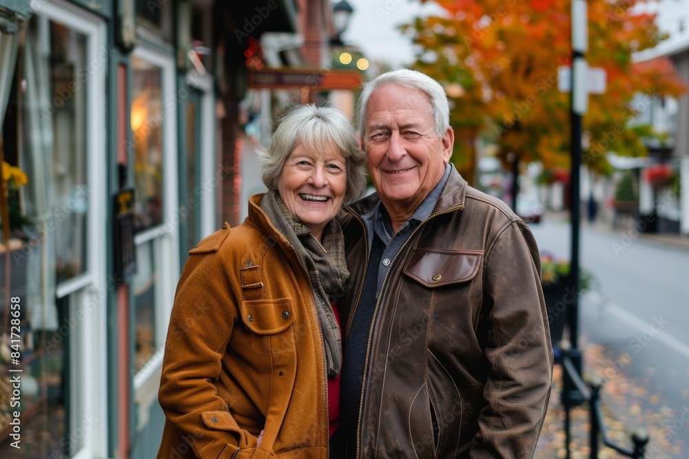 Portrait of a merry couple in their 60s sporting a classic leather jacket over charming small town main street Portrait of a merry couple in their 60s sporting a classic leather jacket over charming small town main street