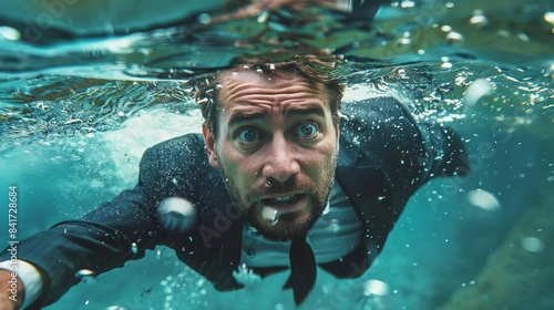 A businessman in a suit and tie appears underwater, looking desperate as he frantically tries to swim to the surface, photo