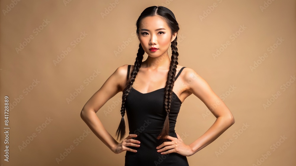 Trendy black dress-clad asian woman with two side braids poses confidently, showcasing her fit physique and radiant skin on a clean, isolated beige background.