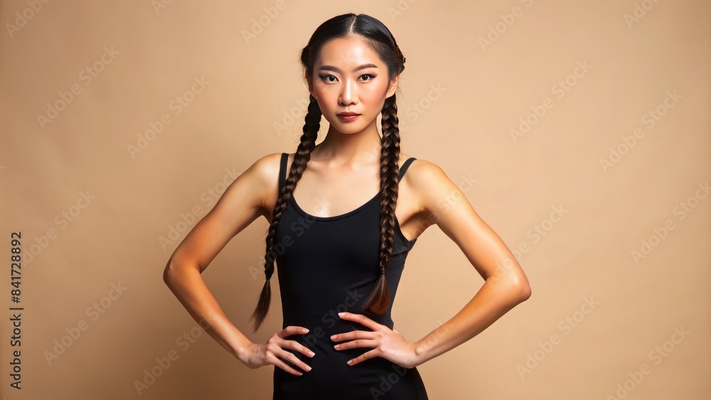 Trendy black dress-clad asian woman with two side braids poses confidently, showcasing her fit physique and radiant skin on a clean, isolated beige background. Trendy black dress-clad asian woman with two side braids poses confidently, showcasing her fit physique and radiant skin on a clean, isolated beige background.