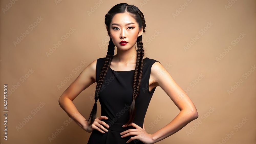 Stylish asian model showcases trendy black dress, sleek braids, and radiant skin, posing confidently on a clean, isolated beige background, exuding modern fashion and beauty. Stylish asian model showcases trendy black dress, sleek braids, and radiant skin, posing confidently on a clean, isolated beige background, exuding modern fashion and beauty.