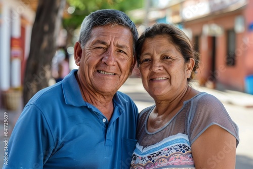 Portrait of a satisfied latino couple in their 60s sporting a breathable mesh jersey on charming small town main street