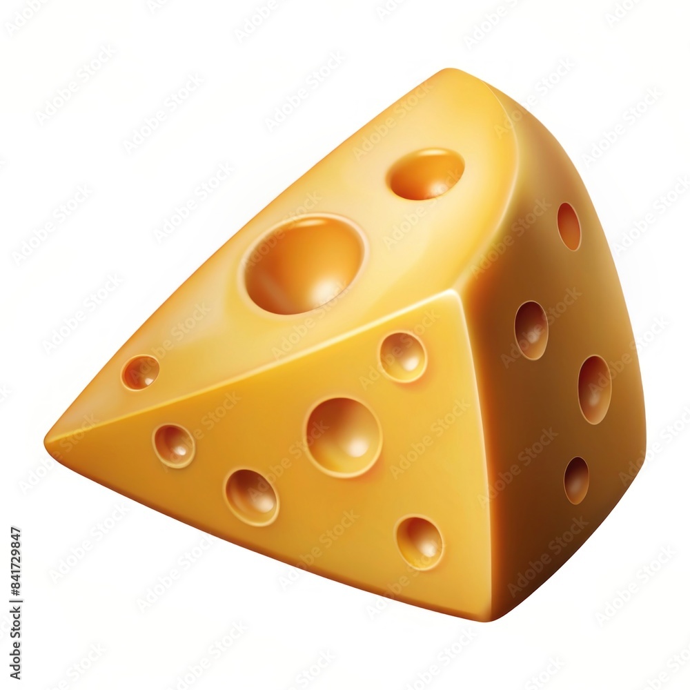 A triangular slice of yellow cheese with small holes, on a white background A triangular slice of yellow cheese with small holes, on a white background