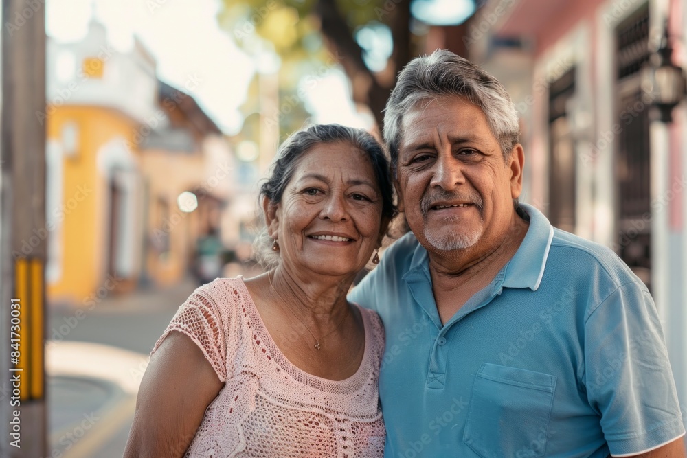 Fototapeta premium Portrait of a satisfied latino couple in their 60s sporting a breathable mesh jersey on charming small town main street