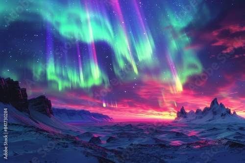 Stunning illustration of the Aurora Borealis lighting up the night sky with vibrant colors over a snowy mountainous landscape.