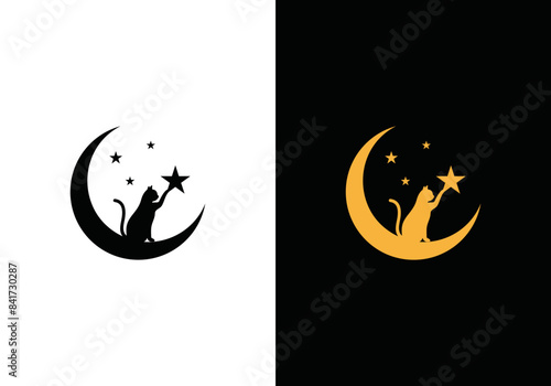 silhouette logo design of a cat sitting on a crescent moon with a cat's hand reaching for a star in a simple flat style design with a peaceful feel