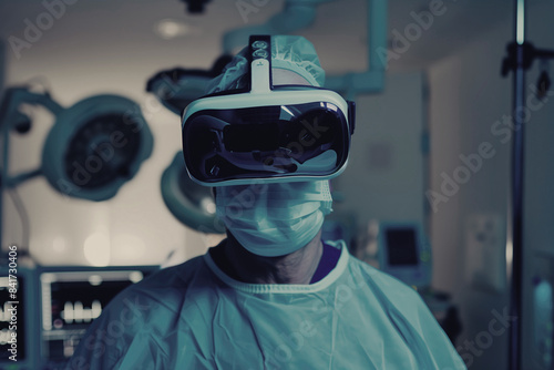 Cirujano utilizando gafas de realidad virtual en la sala de quirófanos para una operación