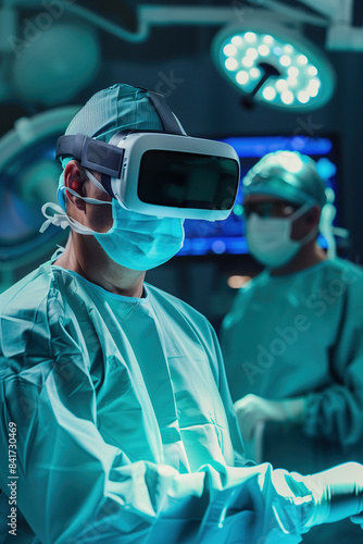 Cirujano utilizando gafas de realidad virtual en la sala de quirófanos para una operación