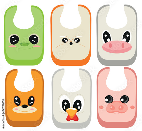 set of children's bibs with the image of animals, namely with the face of a rooster, tiger, fox, zebra and others, for children's textiles, for design or advertising