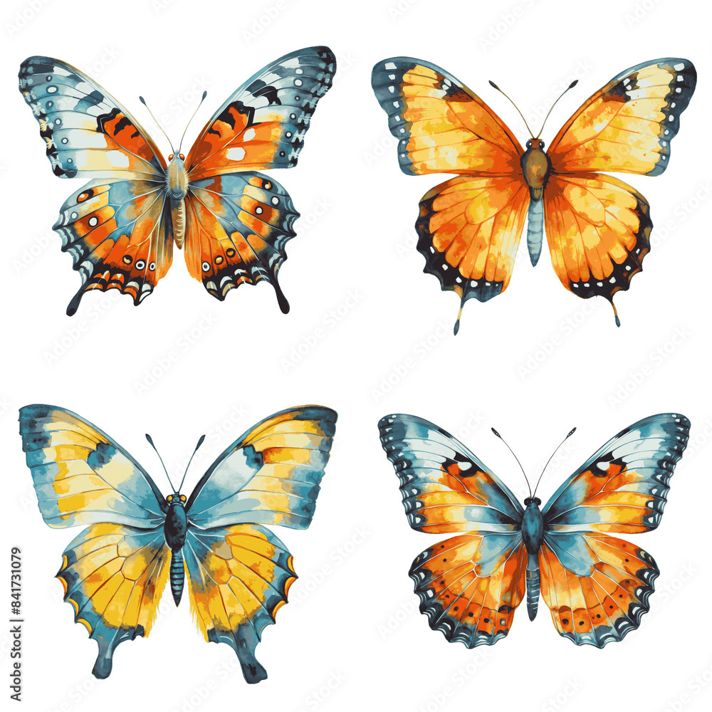 Obraz premium A watercolor painting featuring four butterflies with vibrant yellow, orange, and blue wings, depicted on a stark white background