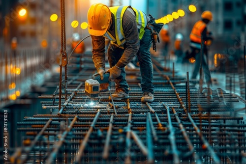 Construction worker using power drill to build structure at busy construction site