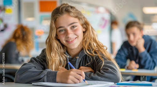 A teenage girl diligently writes in her notebook, her focus unwavering in a classroom filled with activity. Back to school